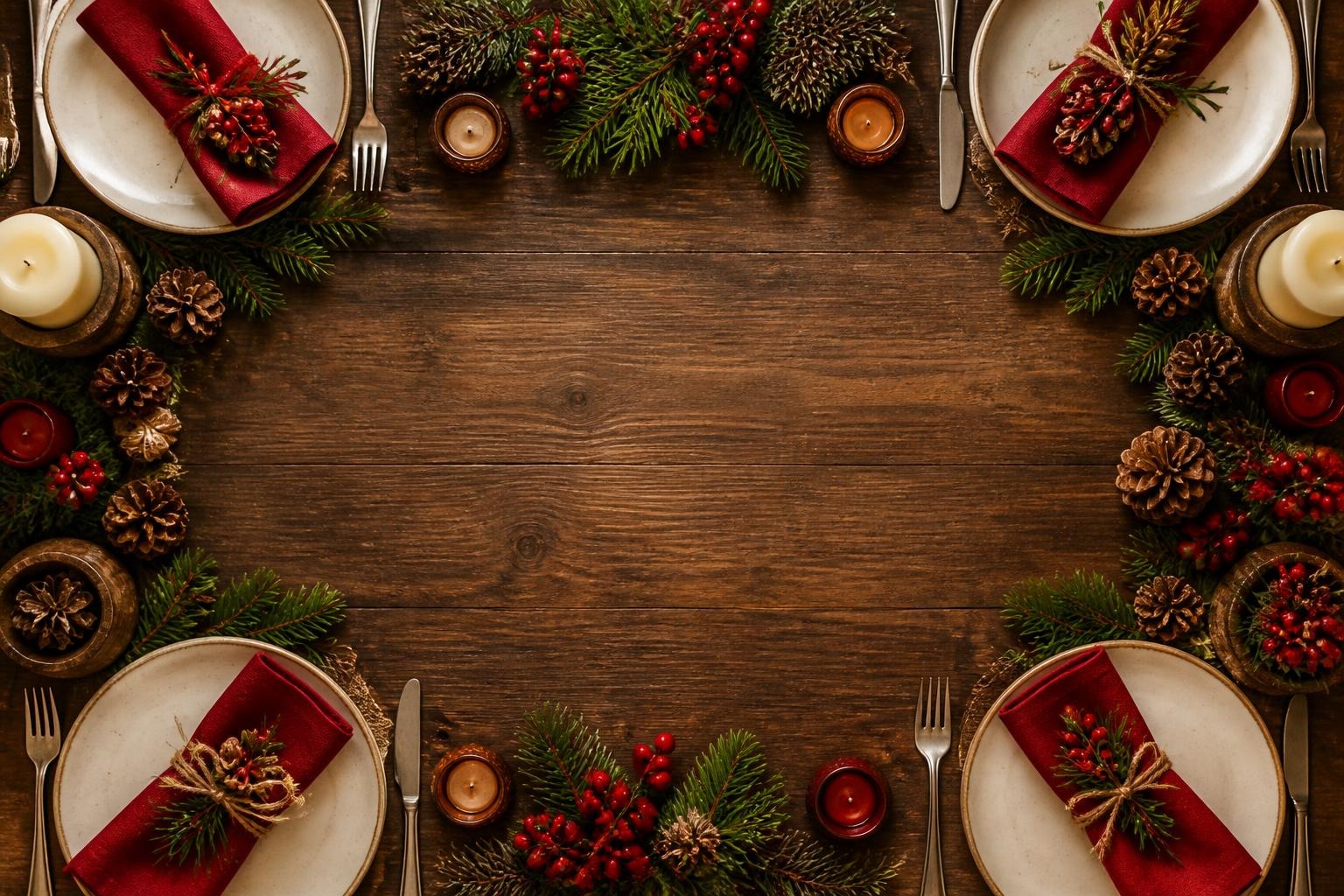 Holiday table setting with plates, red napkins, pinecones, berries, evergreen sprigs, and candles on wooden table