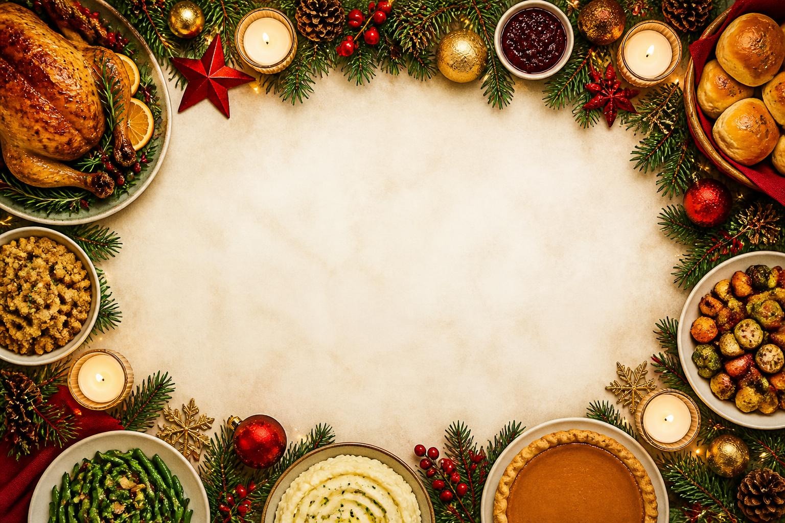 Overhead view of a Christmas dinner spread with turkey, sides, pumpkin pie, cranberry sauce, rolls and holiday decorations surrounding a blank center.