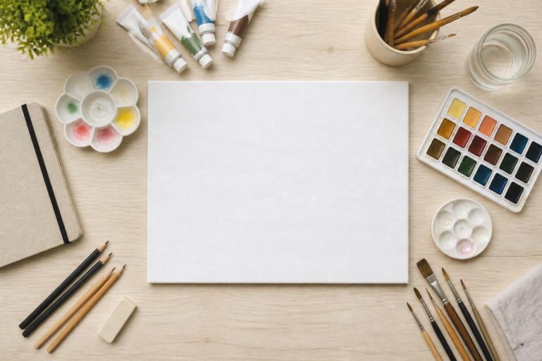 Blank white canvas with paintbrushes, watercolor palette, pencils, paint tubes, and art supplies on wooden table
