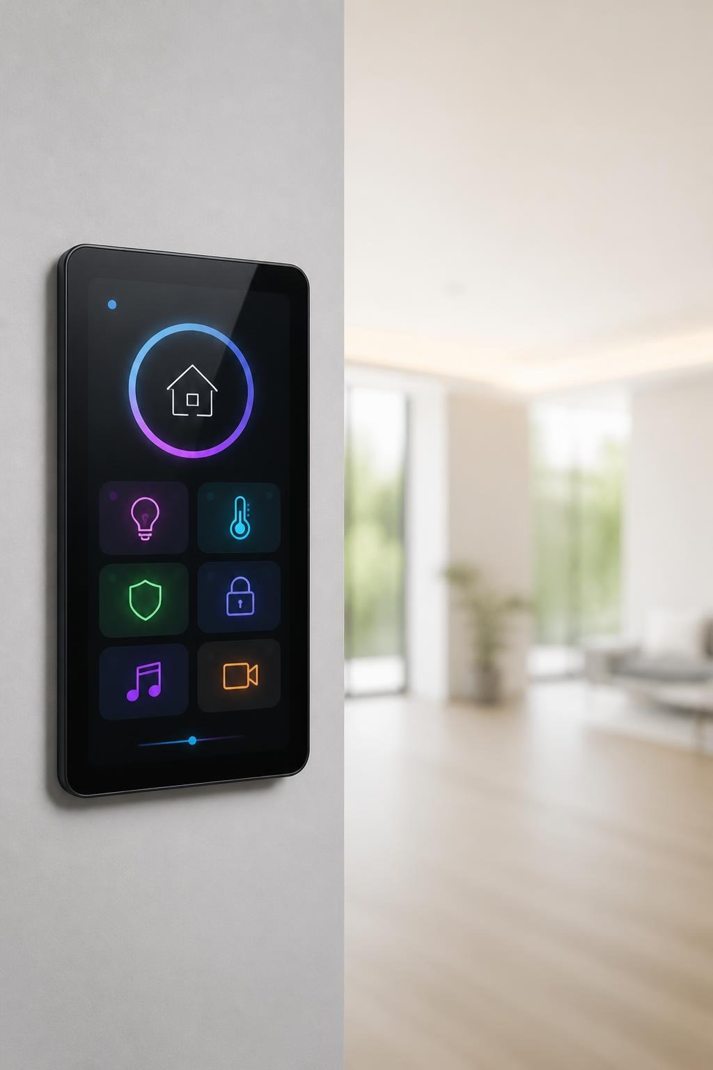 Smart home control panel with colorful icons on wall in bright living room
