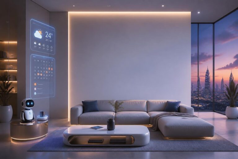 Modern living room with beige sofa, futuristic robot projecting weather and calendar, city skyline visible through large windows at dusk