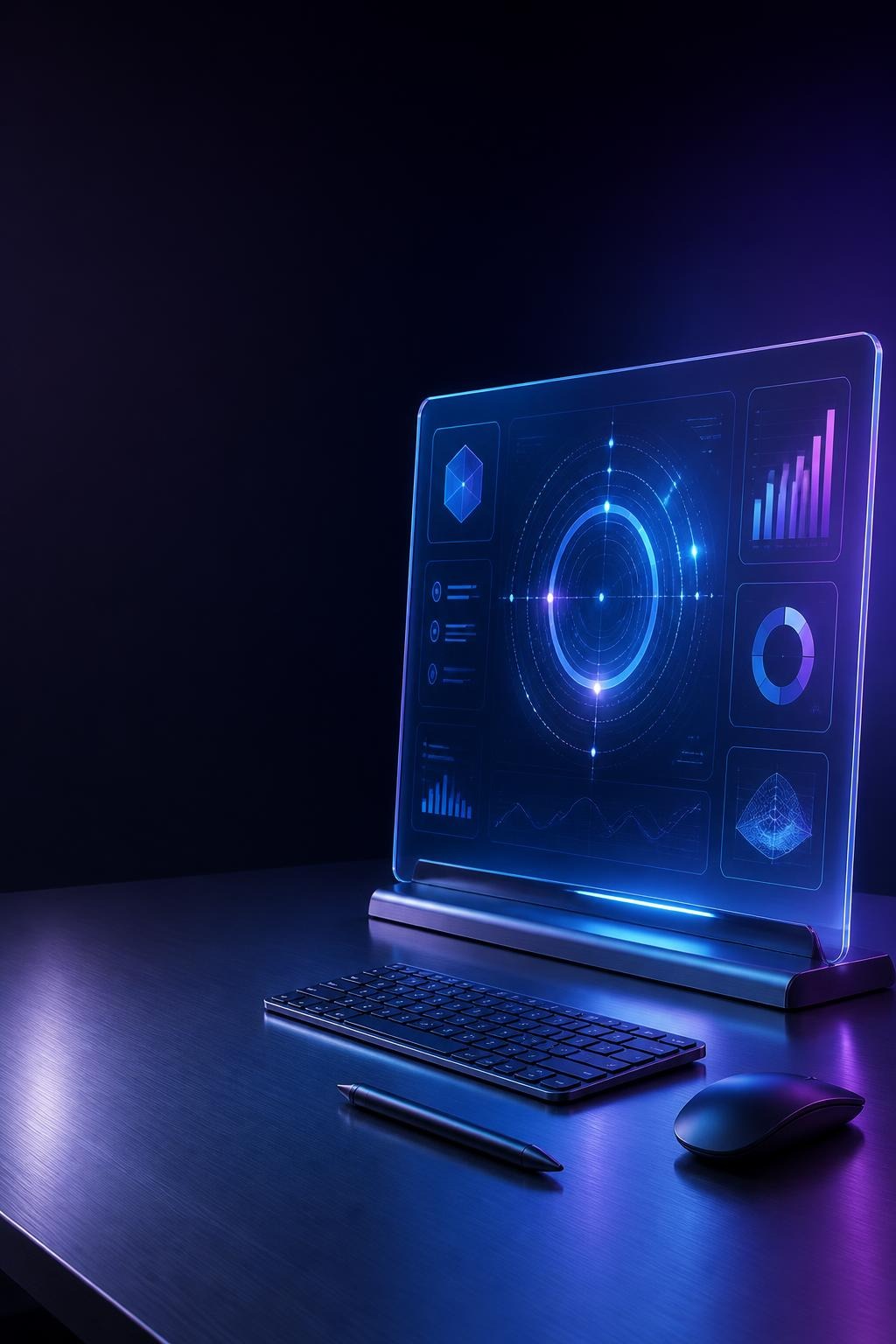 Transparent digital display with graphs, keyboard, mouse, and pen on a dark illuminated desk.