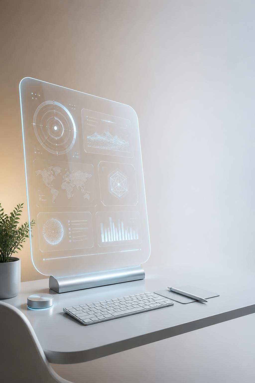 Desk with transparent futuristic digital screen displaying data charts, white keyboard, digital pen, and potted plant