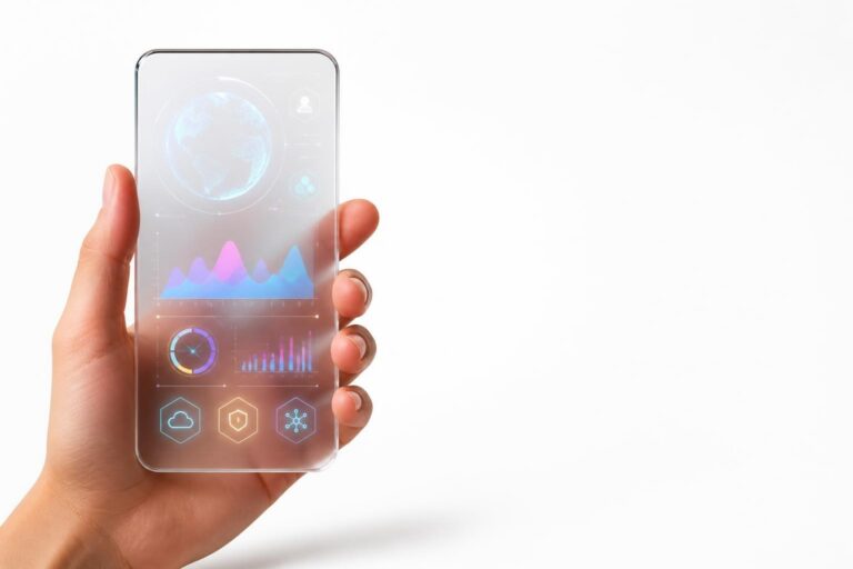 Hand holding transparent smartphone with holographic data graphics on white background