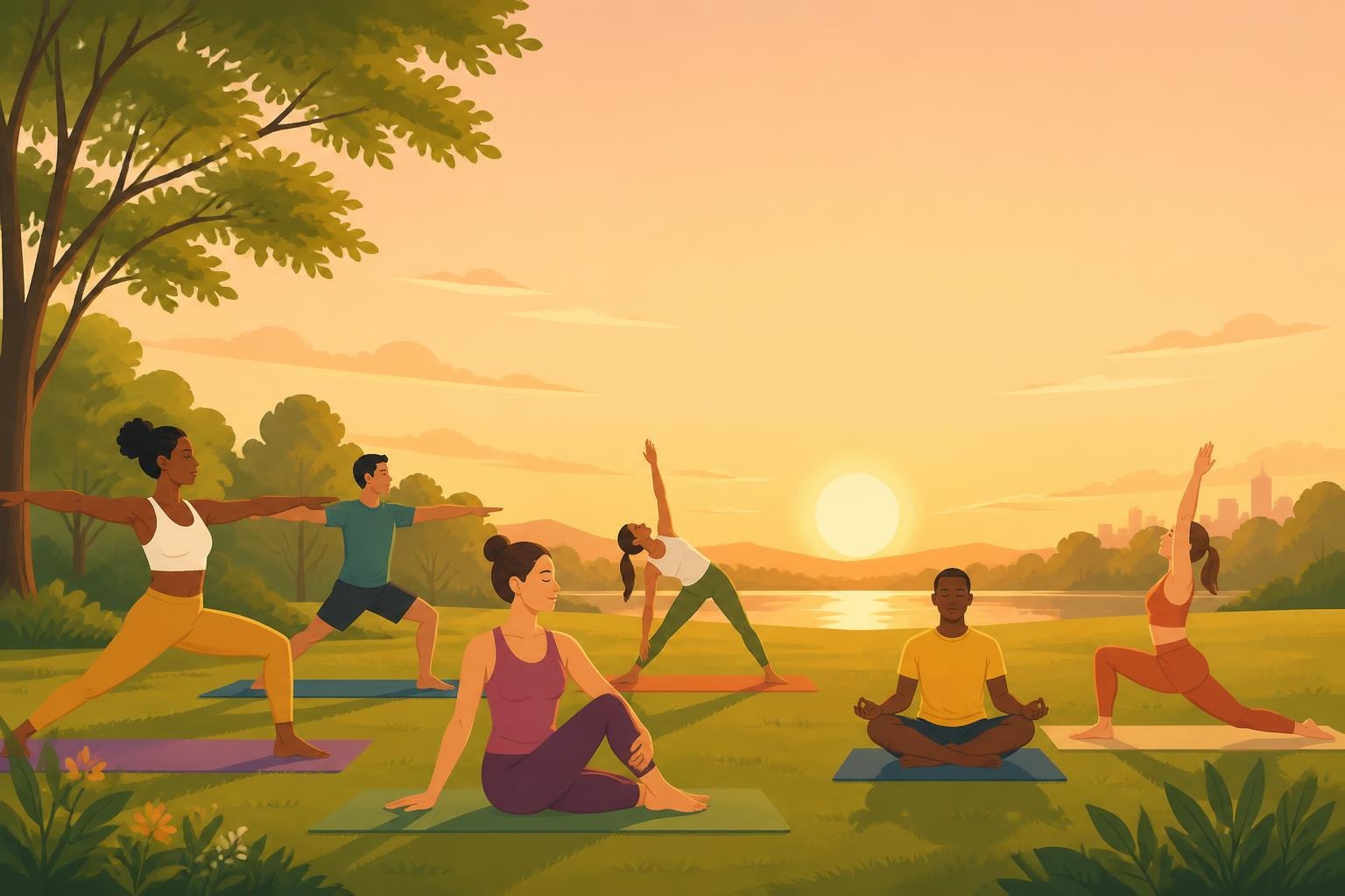 Six people doing various yoga poses on mats outside near lake at sunset with trees and city in background