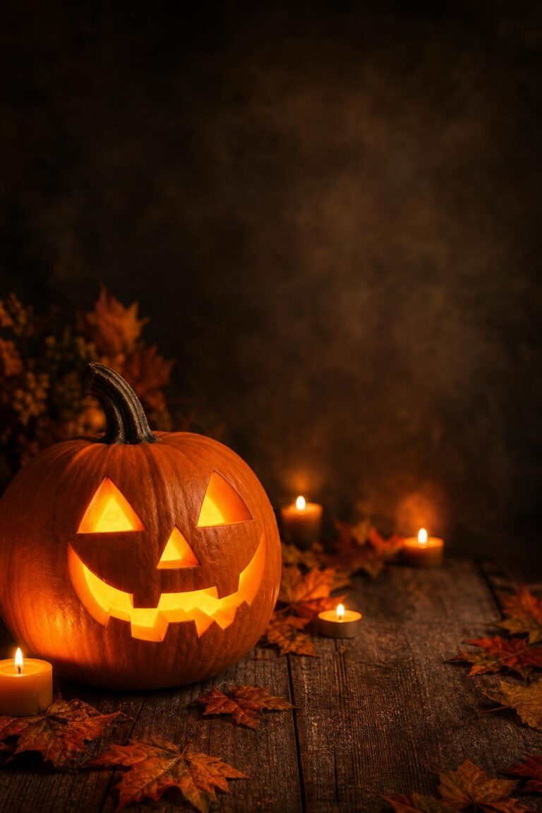 Carved pumpkin glowing with candles and autumn leaves on wooden surface in dim light