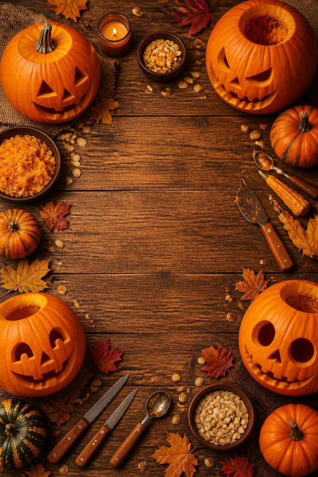 Four carved pumpkins with various faces, surrounded by pumpkin seeds, carving tools, autumn leaves, and a candle on a wooden surface.