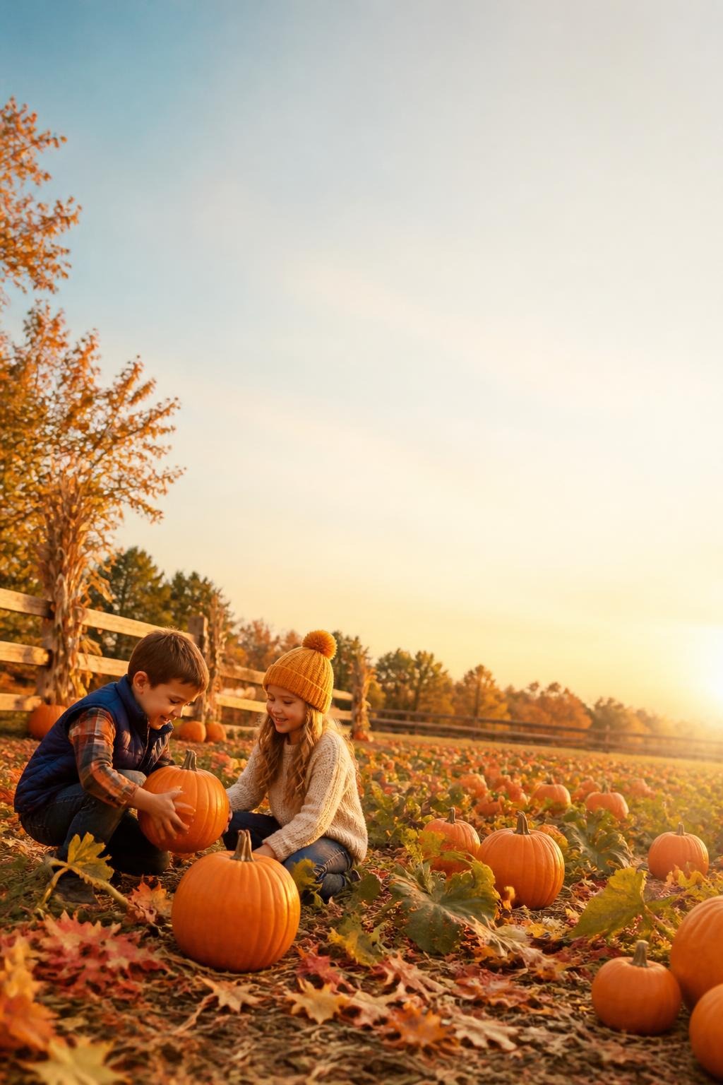 Boy and girl picking pumpkins in field with autumn leaves at sunset