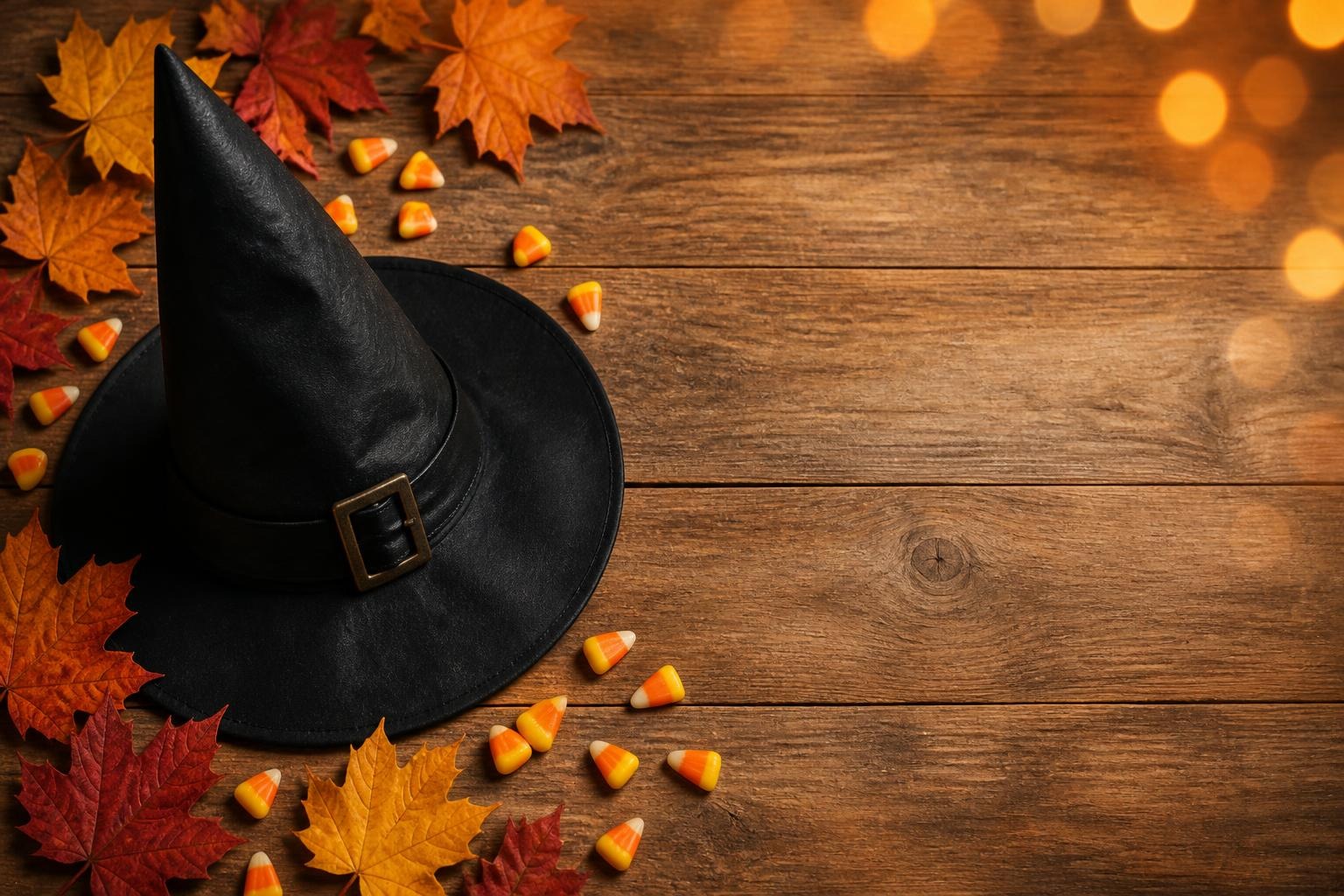 Black witch hat with fall leaves and candy corn on wooden background
