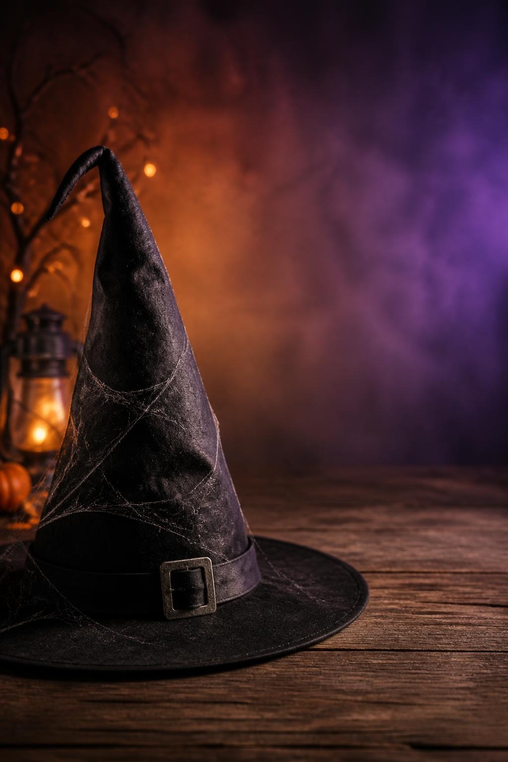 Black witch hat with cobwebs on wooden table with orange and purple misty background