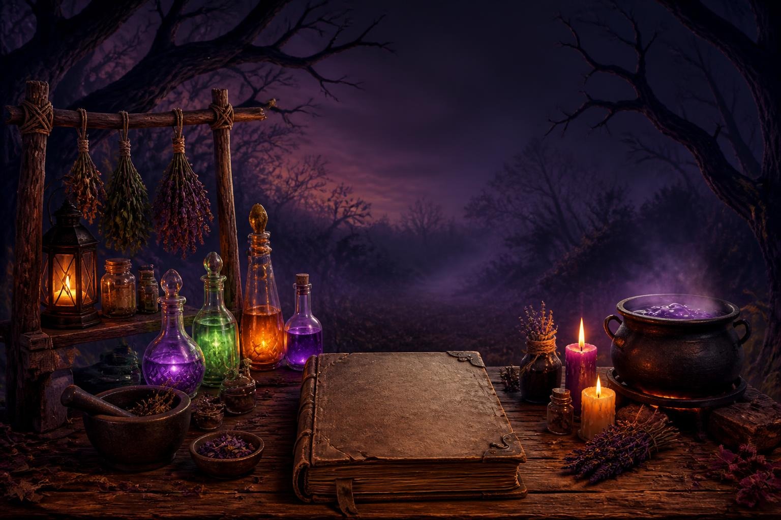 Rustic witchcraft table with old book, candles, potion bottles, herbs, and cauldron in dark forest at dusk.