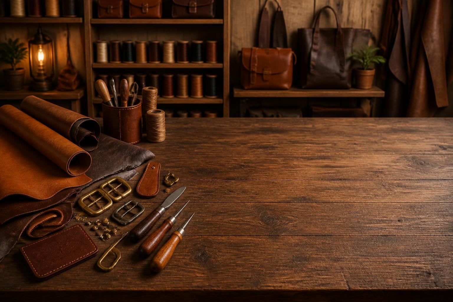 Wooden table with leather rolls, crafting tools, buckles, threads, and leather bags on shelves behind under warm lighting