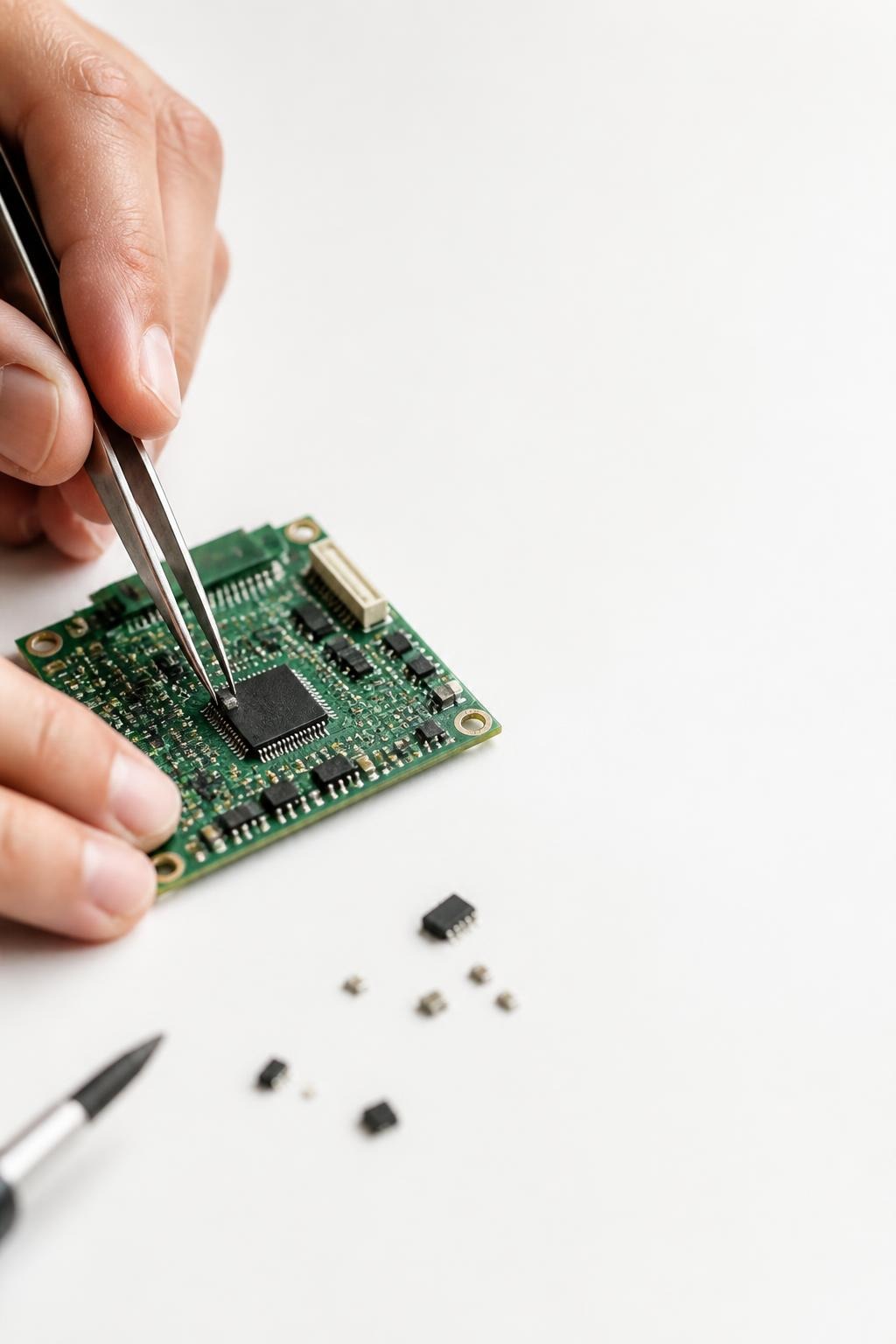 Hand placing integrated circuit chip on green circuit board with tweezers