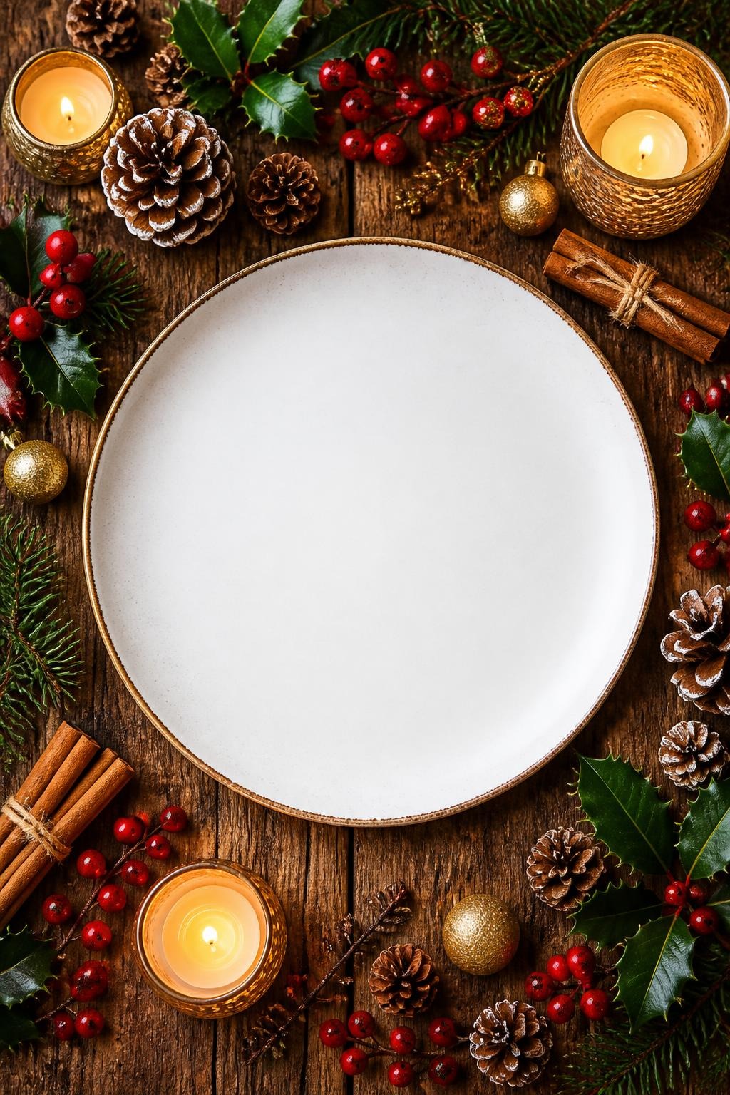 Empty white plate on wooden table surrounded by Christmas pine cones, holly berries, cinnamon sticks, gold baubles, and lit candles