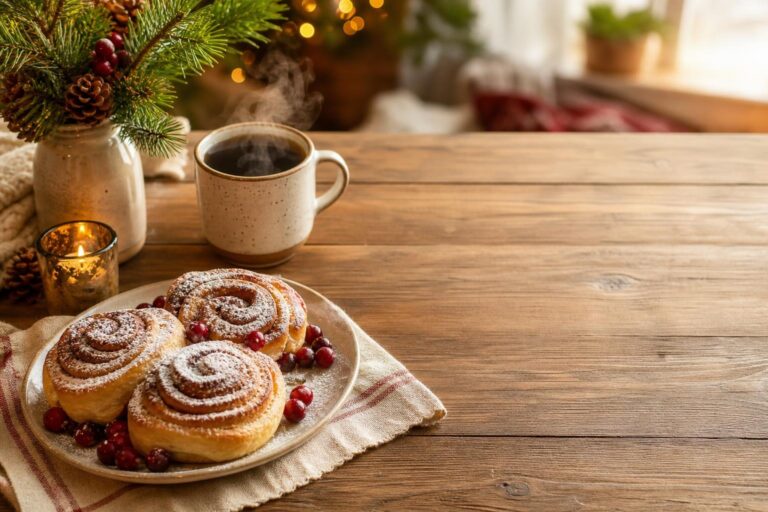Plate of cinnamon rolls with powdered sugar and cranberries, steaming coffee cup, candle, and evergreen arrangement on a wooden table