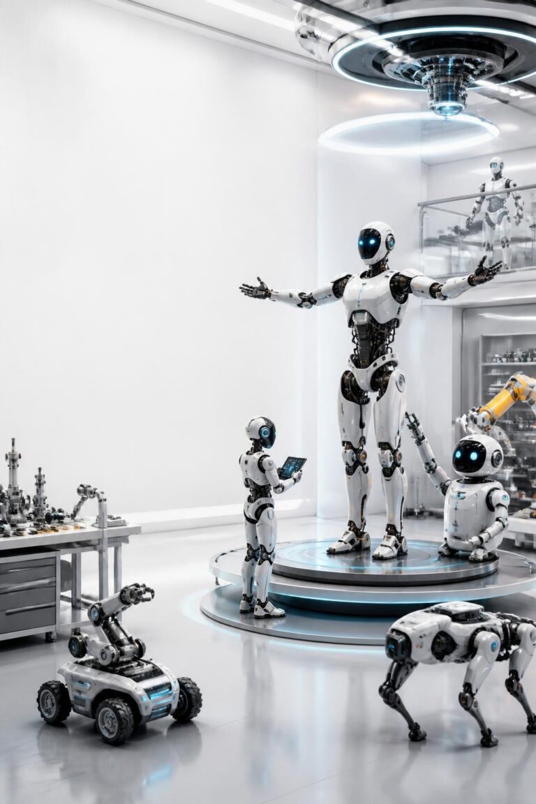 Various advanced robots including humanoids and robotic dogs in a high-tech lab with white glossy surfaces