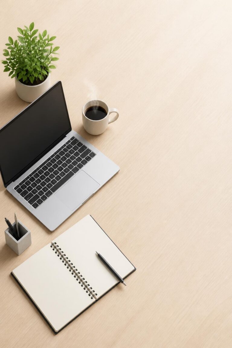Top-down view of minimalist desk with open laptop, cup of coffee, notebook with pen, plant, and pen holder on light wooden surface