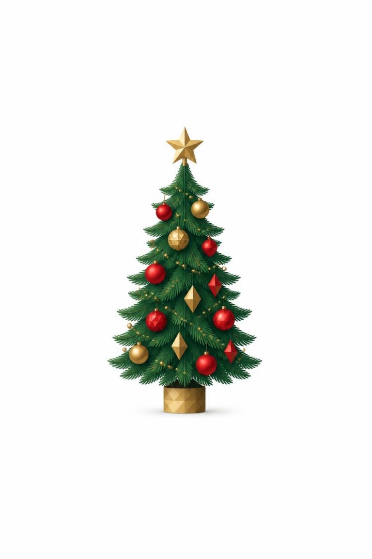 Green Christmas tree decorated with red and gold baubles and a gold star on top in a golden pot