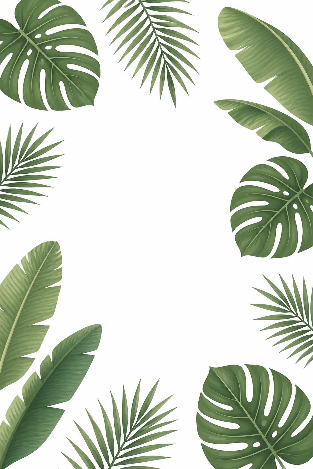 Tropical green leaves forming border frame around white space