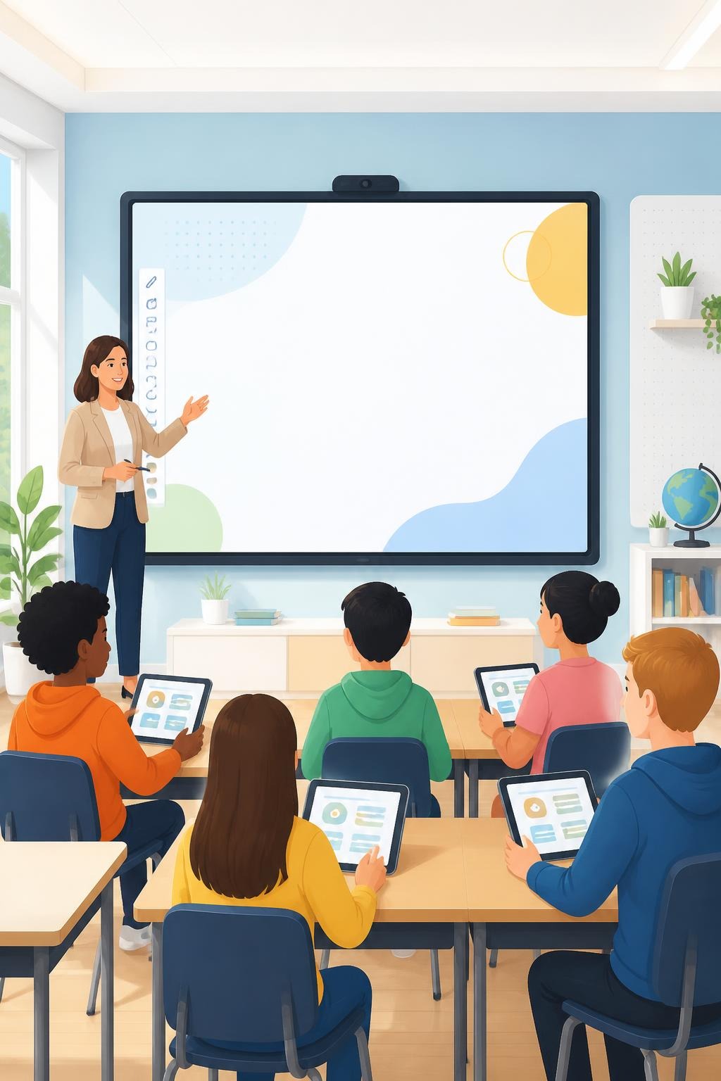 Teacher presenting on smartboard with students holding tablets in a classroom
