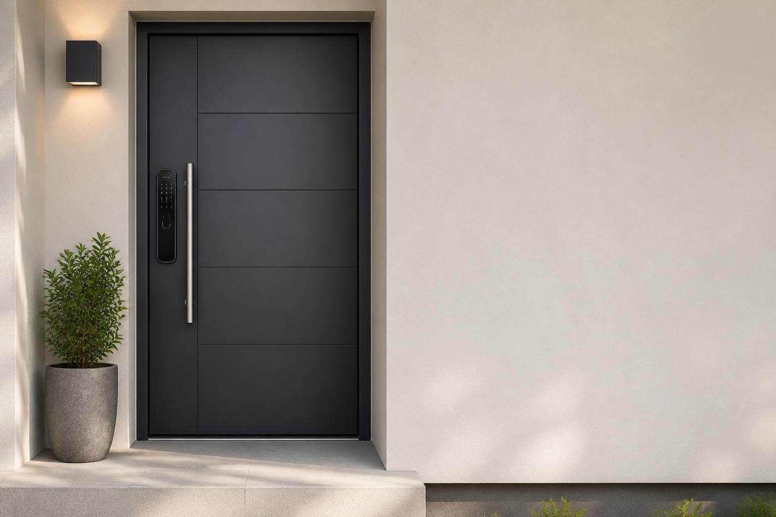 Black modern front door with smart lock, planter with green shrub, light on beige wall