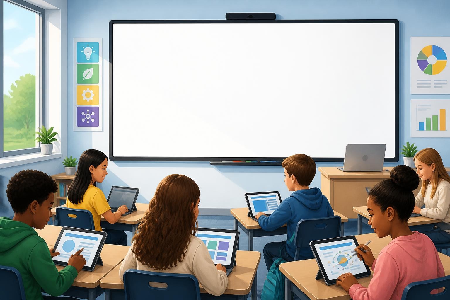 Diverse students sitting at desks using tablets in a bright classroom with a whiteboard and educational charts on the walls.