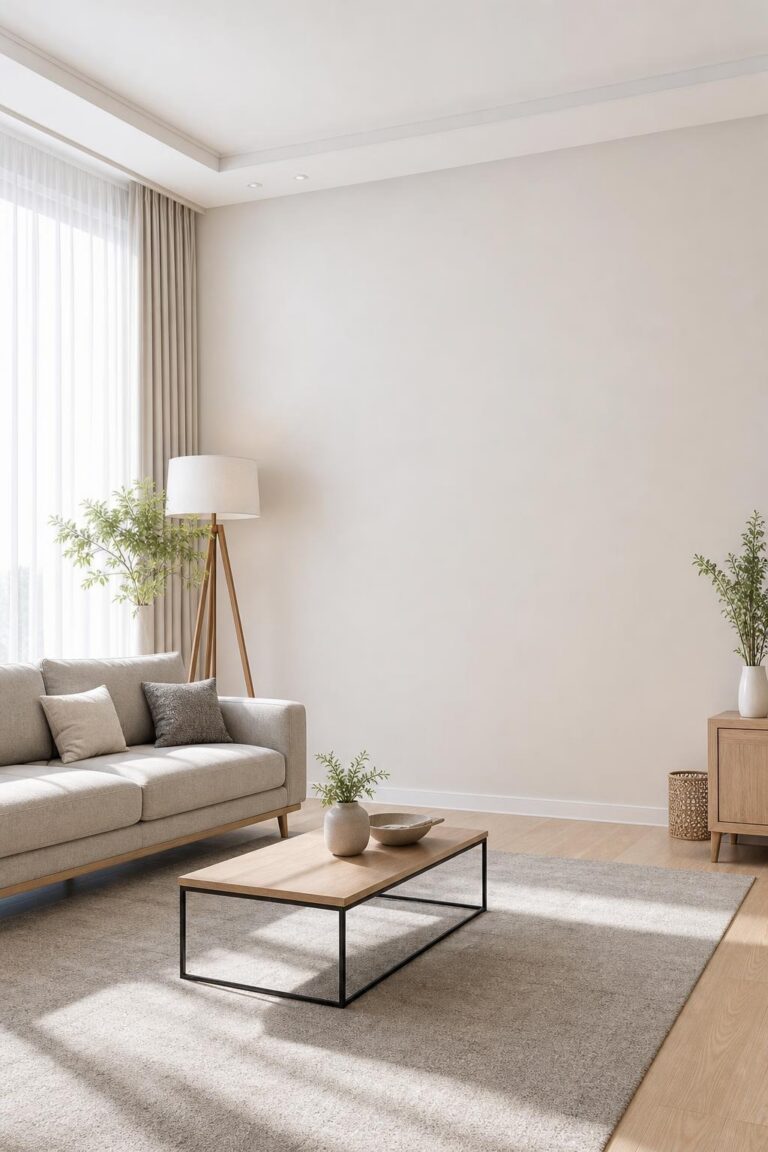 Modern living room with beige sofa, wooden coffee table, plants, and natural light through sheer curtains.
