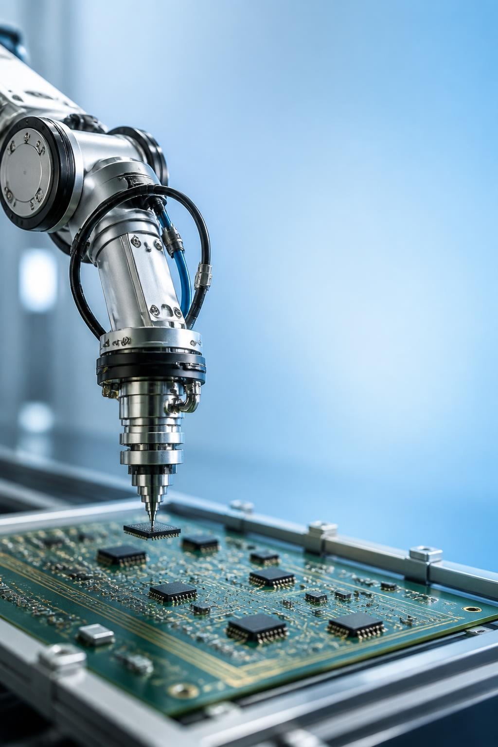 Robotic arm placing a microchip on a circuit board in electronics manufacturing