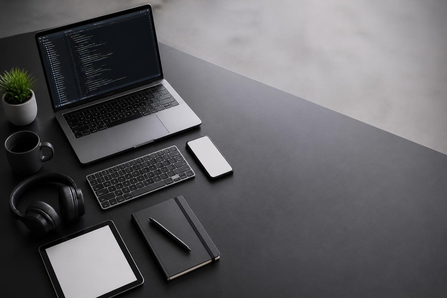 Workspace with laptop showing code, wireless keyboard, smartphone, tablet, headphones, notebook, pen, coffee, and plant on dark desk
