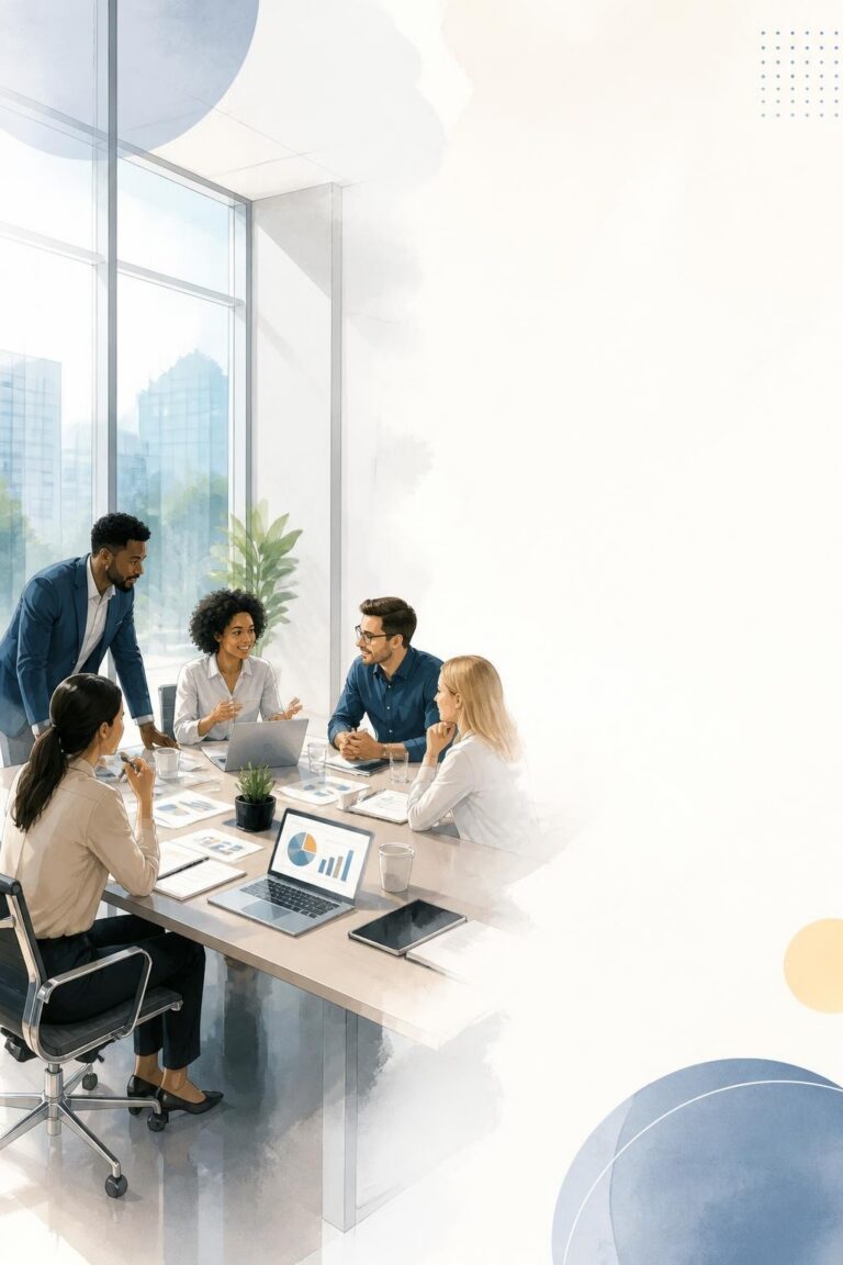 Five diverse professionals having a discussion around a conference table with laptops and documents in a bright office