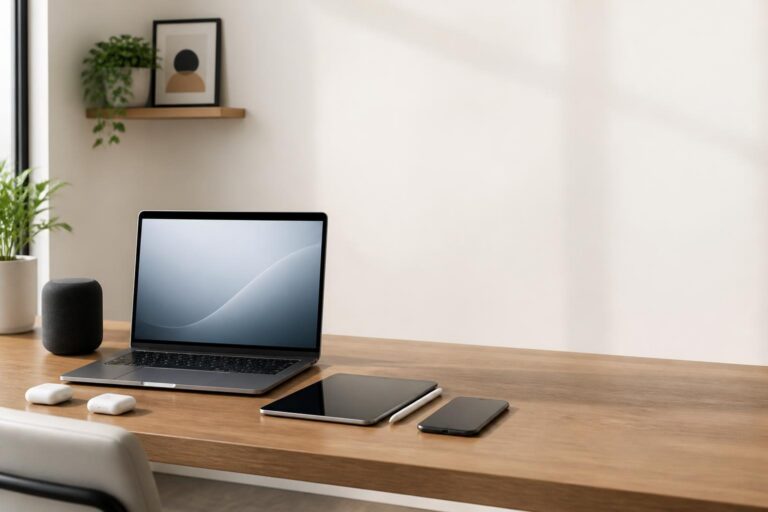 Wooden desk with laptop, tablet, smartphone, wireless earbuds, smart speaker, plant, and framed art on wall shelf