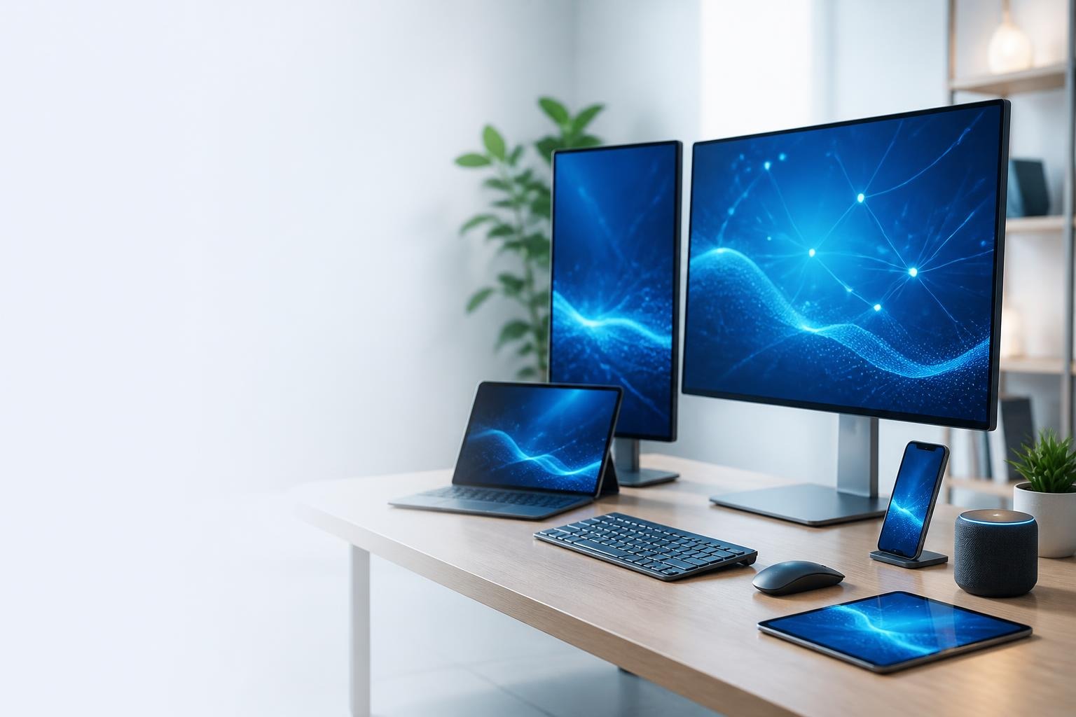 Multi-device workspace with two monitors, tablet, smartphone, wireless keyboard, mouse, smart speaker, and plant