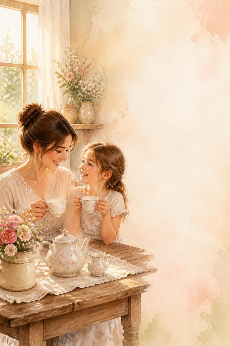 Mother and daughter smiling at each other while drinking tea at a wooden table with floral tea set and flowers