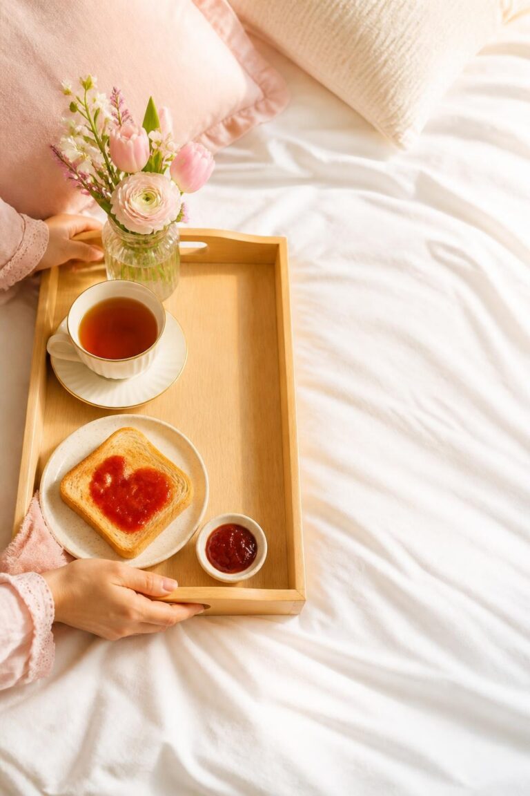 Wooden tray on bed holding tea cup, toast with heart-shaped jam, small bowl of jam, and vase of pink flowers