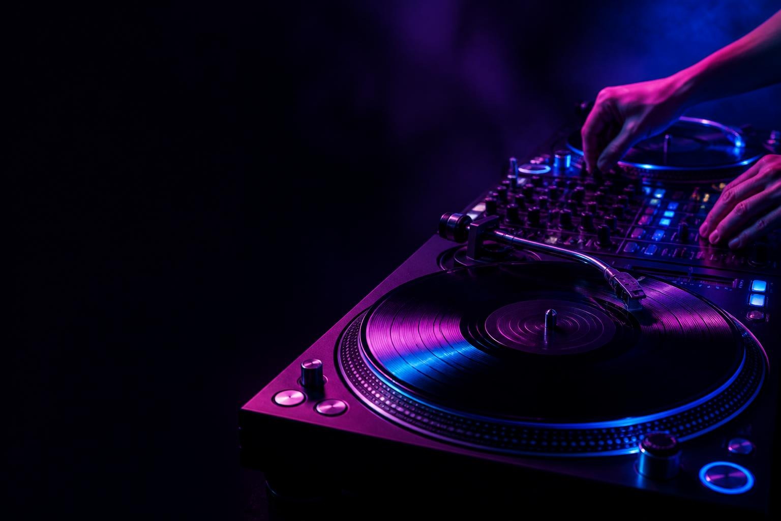 DJ adjusting knobs on mixer beside vinyl turntable with purple and blue lighting