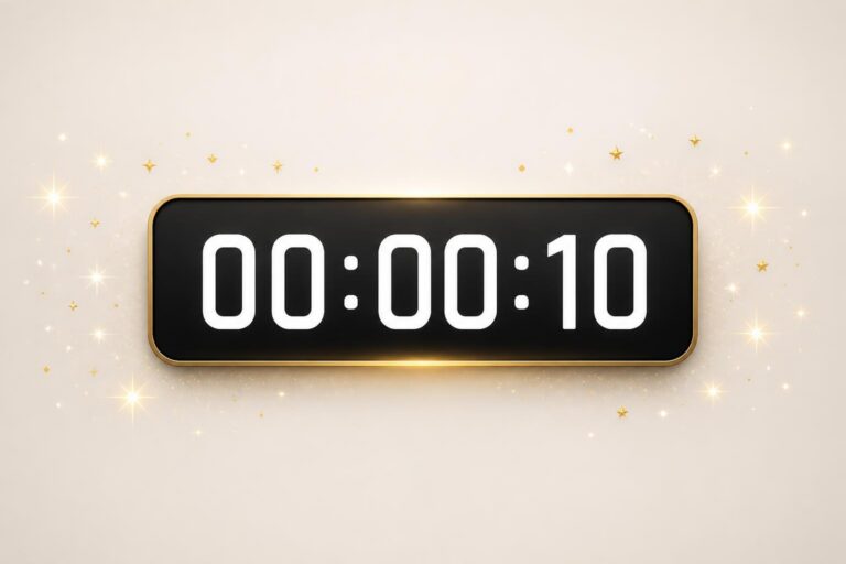 Digital countdown timer displaying 00:00:10 with golden sparkles on beige background