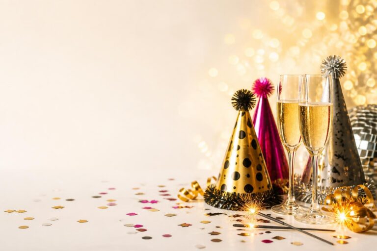 Two glasses of champagne with festive party hats, sparklers, and confetti against a golden bokeh background