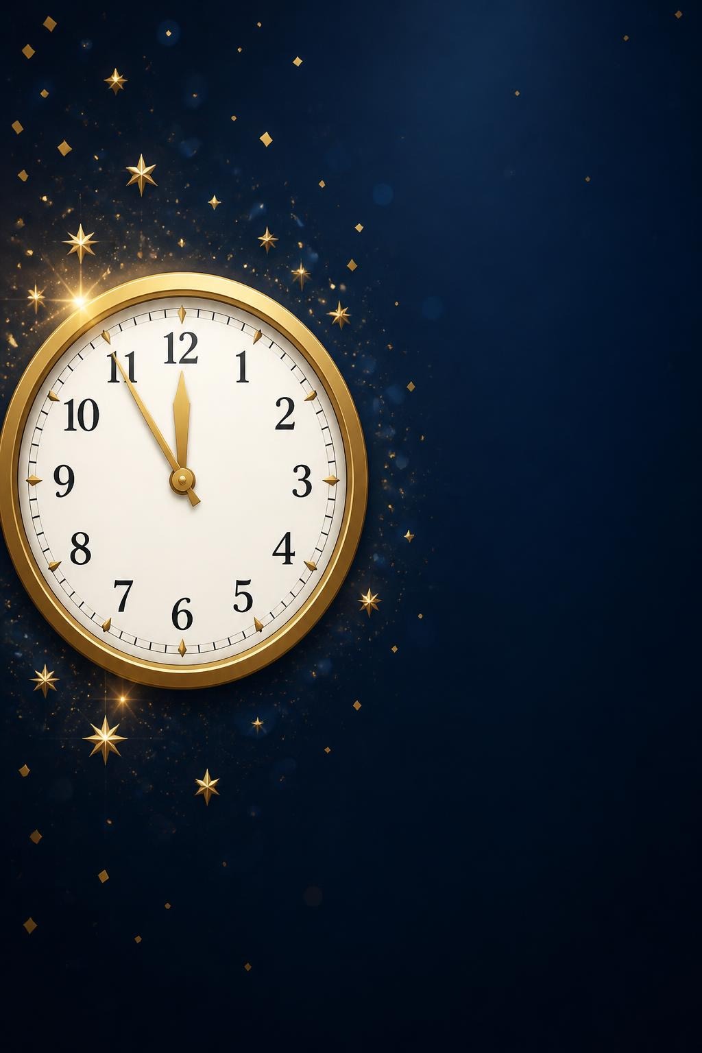 Gold trimmed clock pointing at 11:59 with golden stars on dark blue background