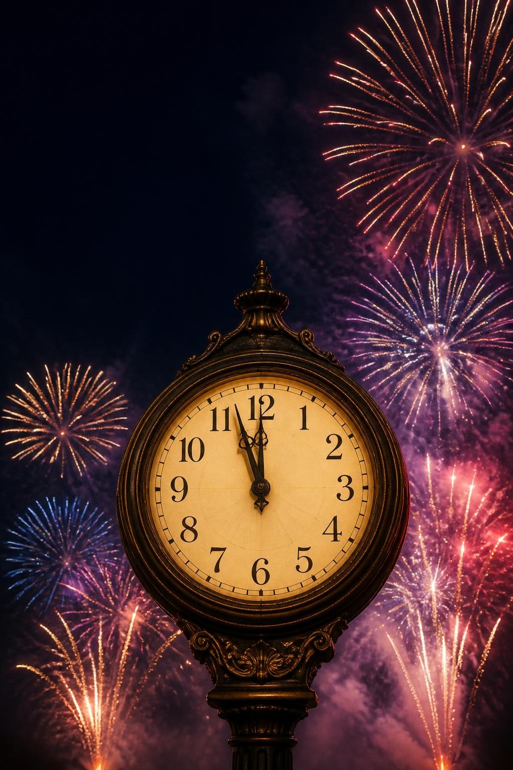 Vintage round clock showing midnight with colorful fireworks in night sky