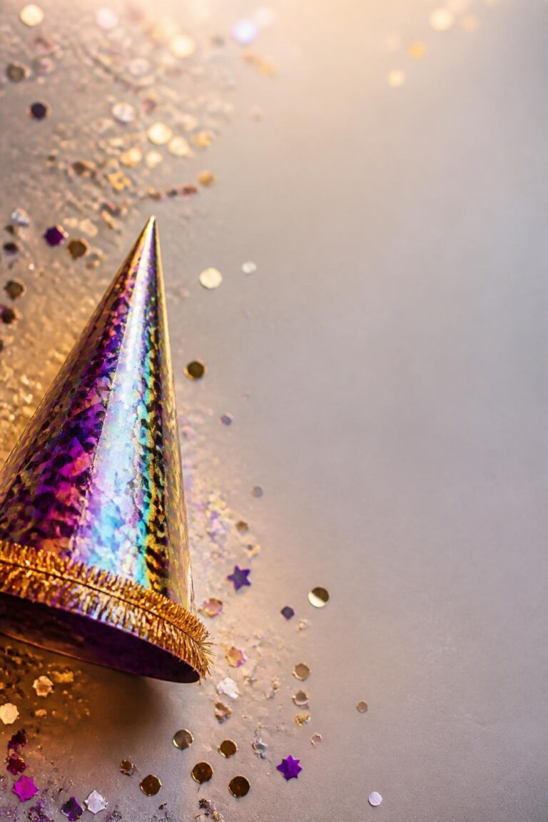 Holographic metallic party hat with gold and purple confetti scattered on surface