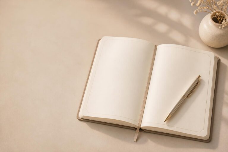 Open journal with blank cream pages and gold pen on beige surface with vase and dried flowers