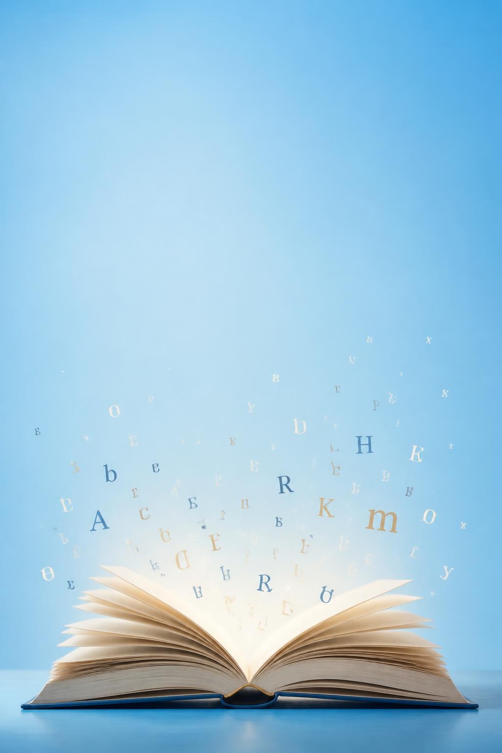 Open book with letters floating above it on a blue background