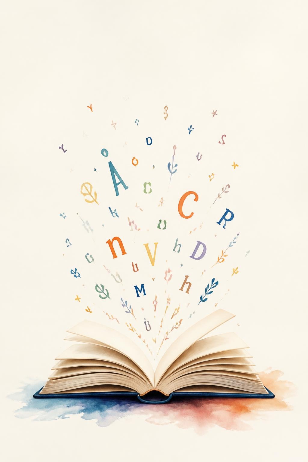 Open book with colorful letters and decorative elements rising above it