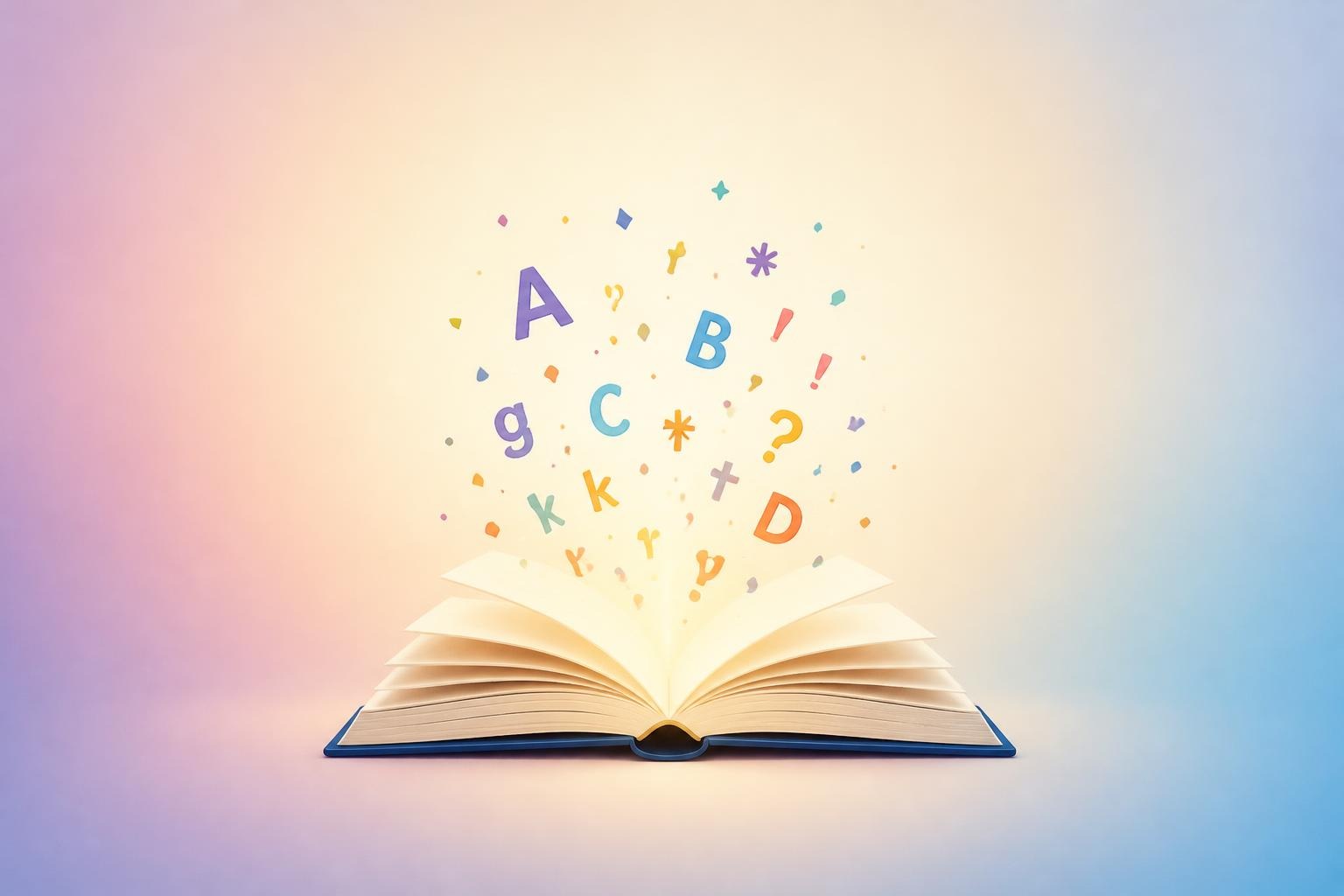 Open book with colorful letters and symbols floating above pages on gradient background