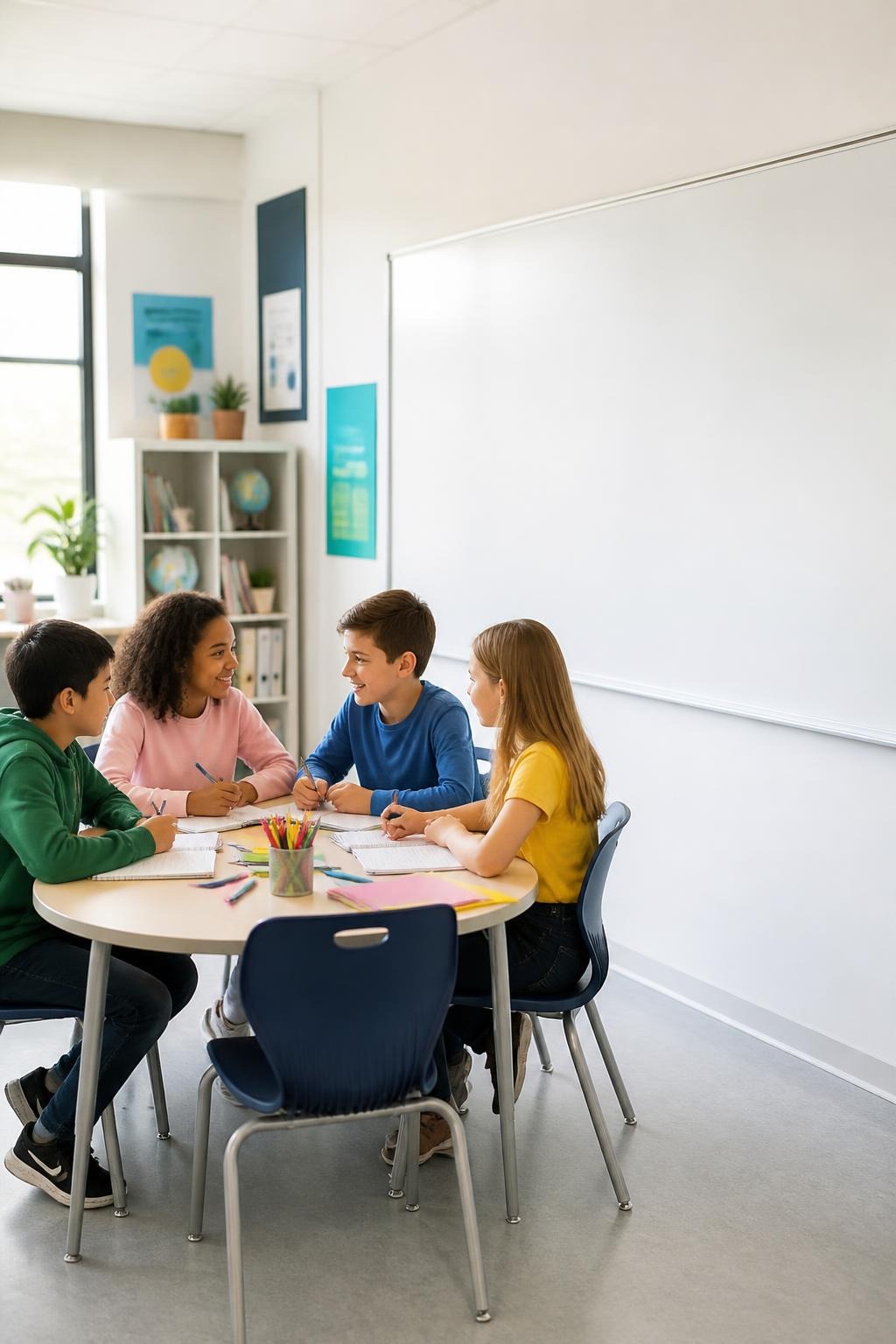 Four children writing and talking at a classroom table with notebooks and pencils