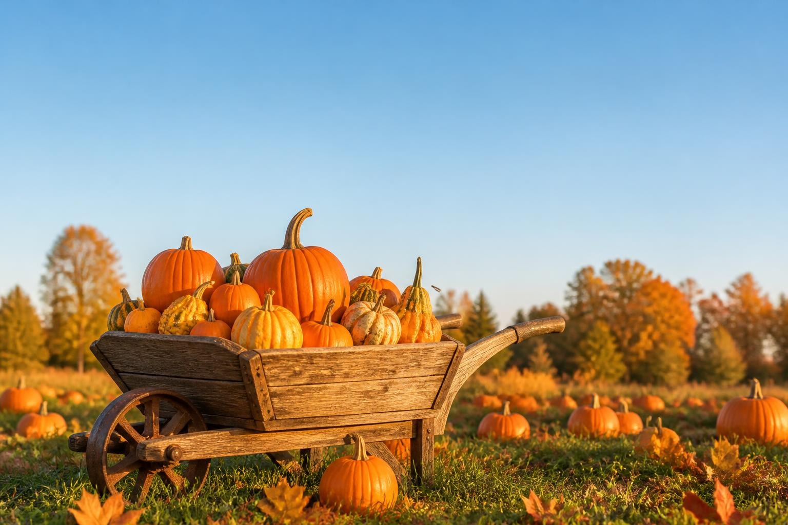 wooden wheelbarrow full of pumpkins in a pumpkin field with autumn leaves and trees
