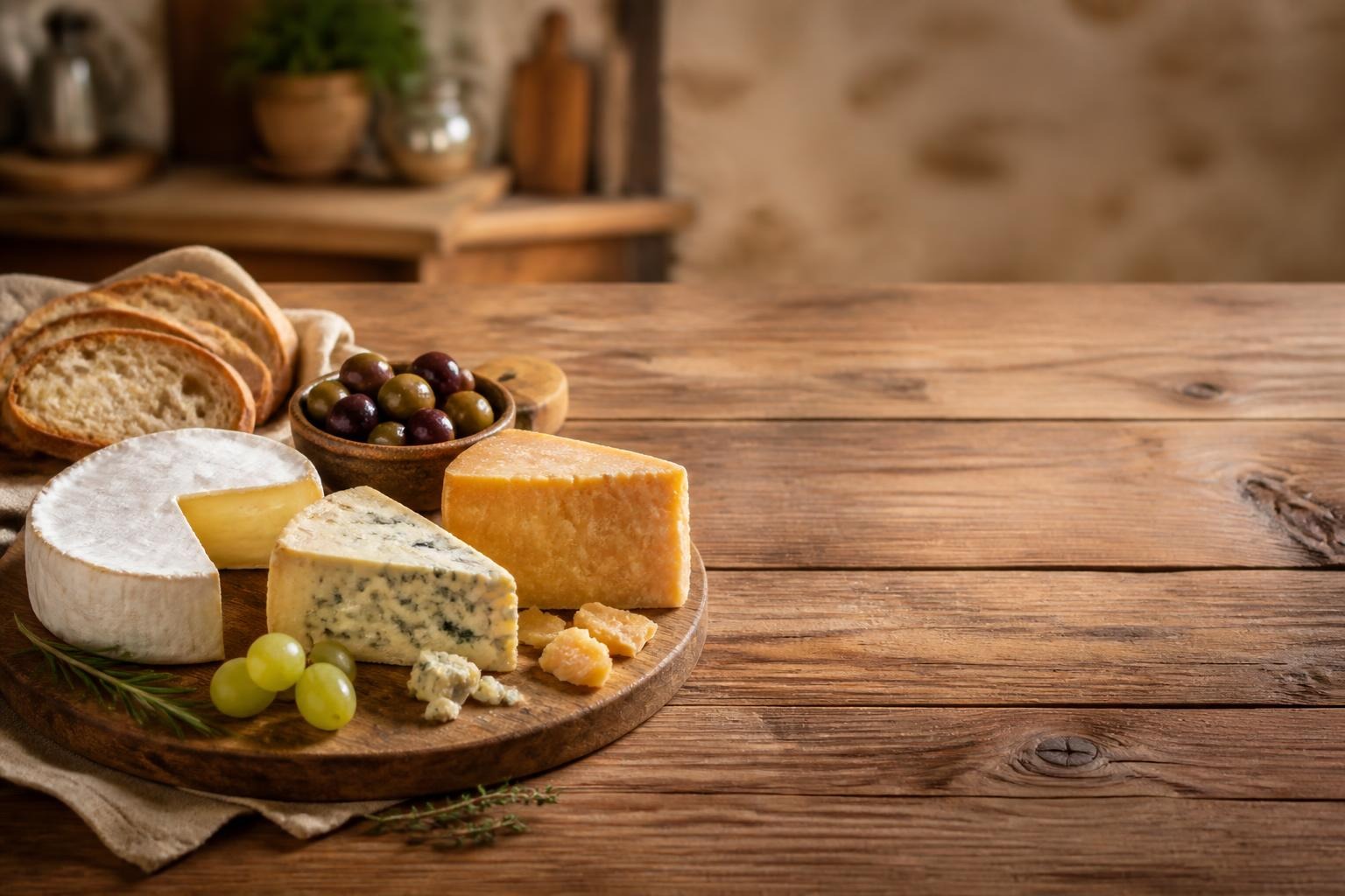 Wooden board with Brie, blue cheese, hard cheese, grapes, olives, and slices of bread on rustic wooden table.
