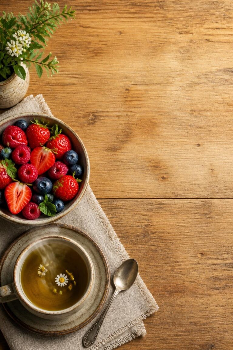 Bowl of strawberries, raspberries, blueberries and a cup of chamomile tea on wooden table with spoon and plant