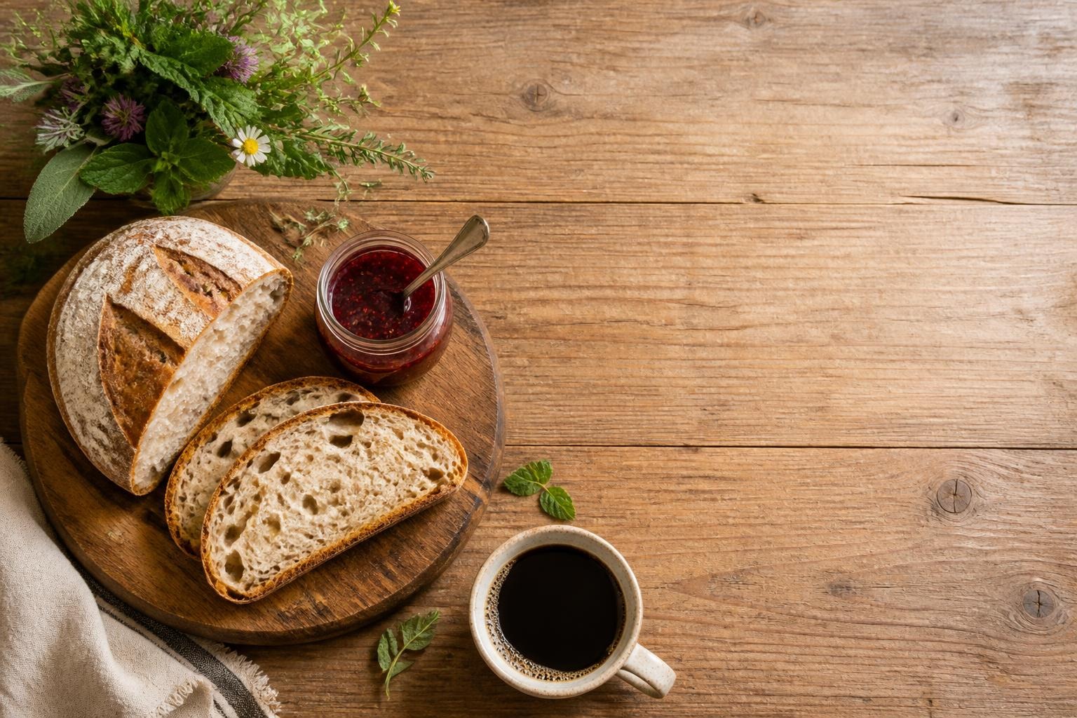 Loaf of rustic bread with two slices, jar of red jam with spoon, and cup of coffee on wood table