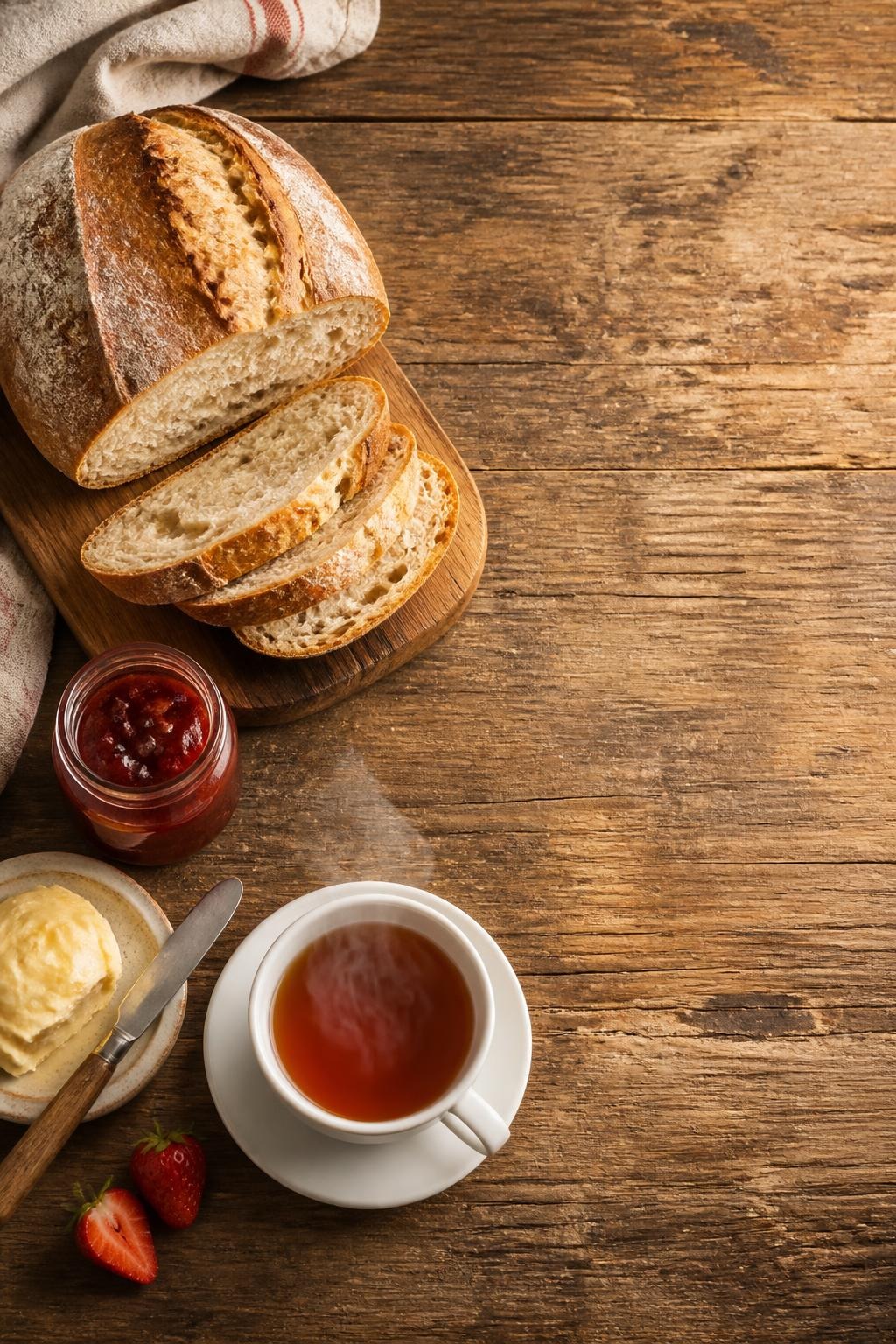 Loaf of sliced bread with jam, butter, strawberries, and steaming cup of tea on rustic wood table